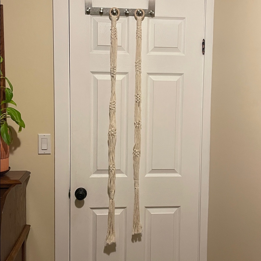 Set of two cream colored plant holders macrame woven boho braided